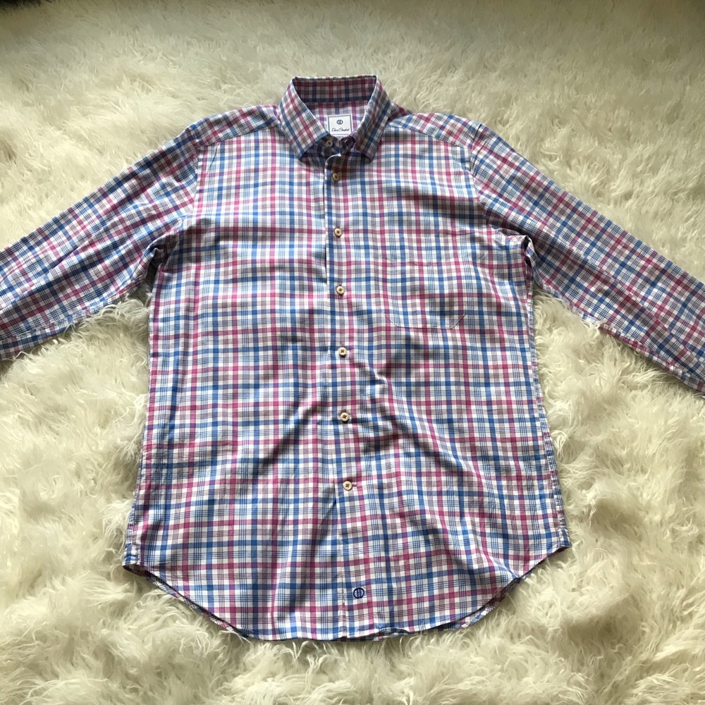 DAVID DONAHUE RED WHITE BLUE PLAID BUTTON DOWN